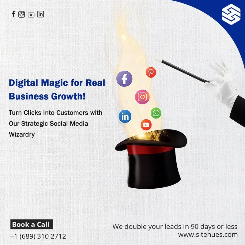 Sitehues Media post: “Digital magic for real business growth! Turn clicks into customers with our strategic social media wizardry.” A gloved hand waves a wand over a black top hat as social icons rise out of it in golden sparks.