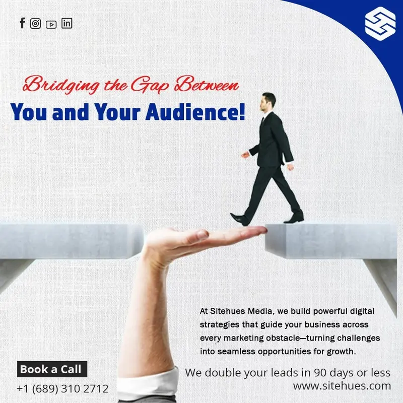 Sitehues Media post: “Bridging the gap between you and your audience!” A businessman walks across a broken concrete bridge where a giant open hand fills the missing section.