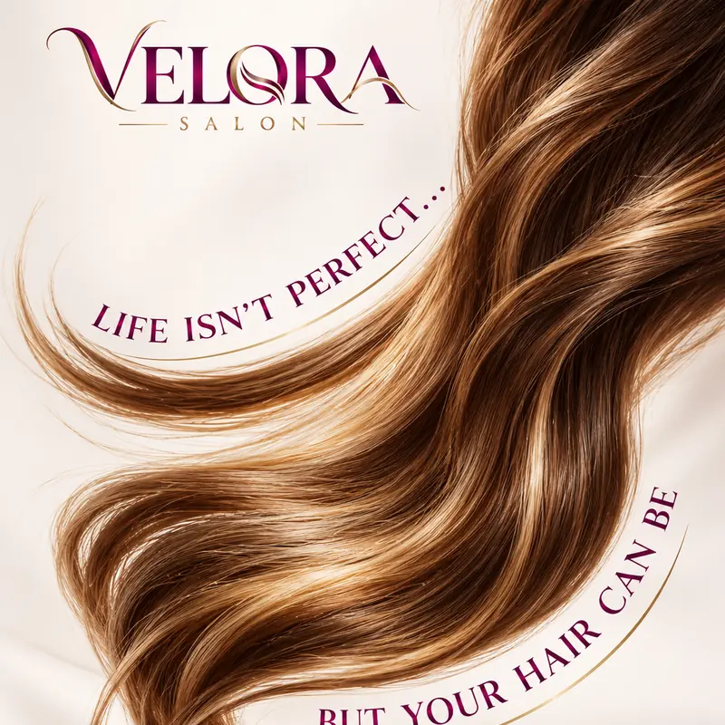 Velora Salon post: a long ribbon of glossy caramel hair curves across the frame between the lines “Life isn’t perfect…” and “…but your hair can be”.