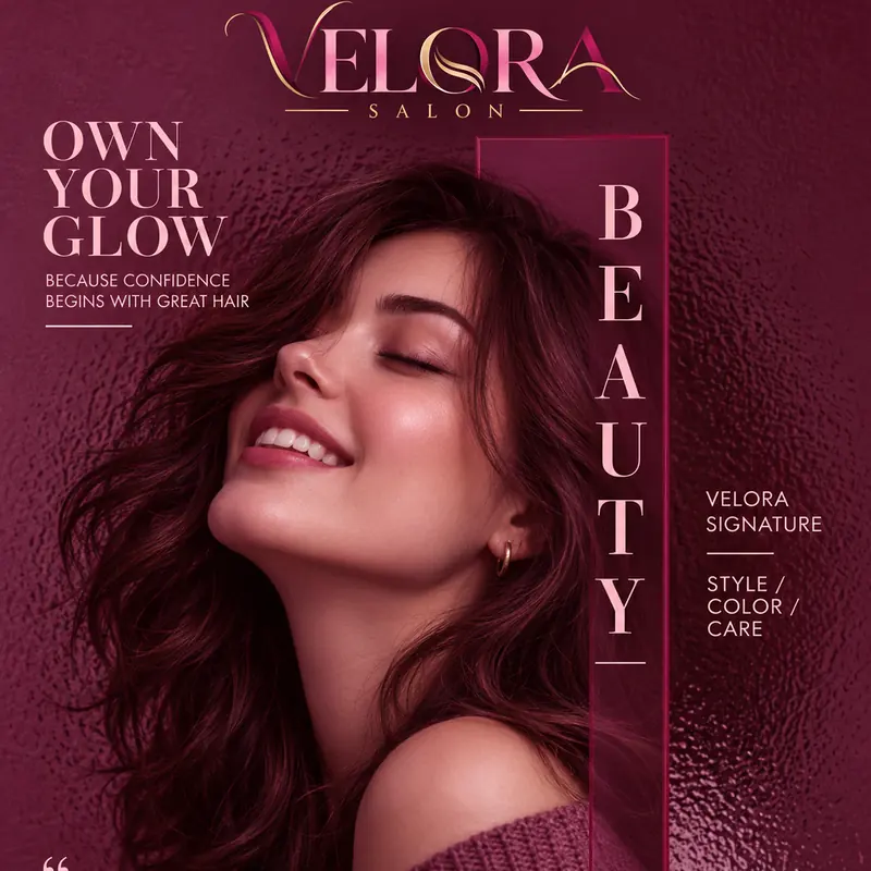 Velora Salon post in plum: a smiling woman with voluminous auburn hair beside vertical BEAUTY lettering and the headline “Own your glow”, with the line Elegance starts with confidence.