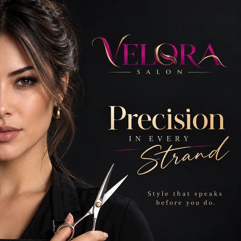 Velora Salon post on black: a stylist holds open scissors beside gold script “Precision in every strand” and the line Style that speaks before you do.