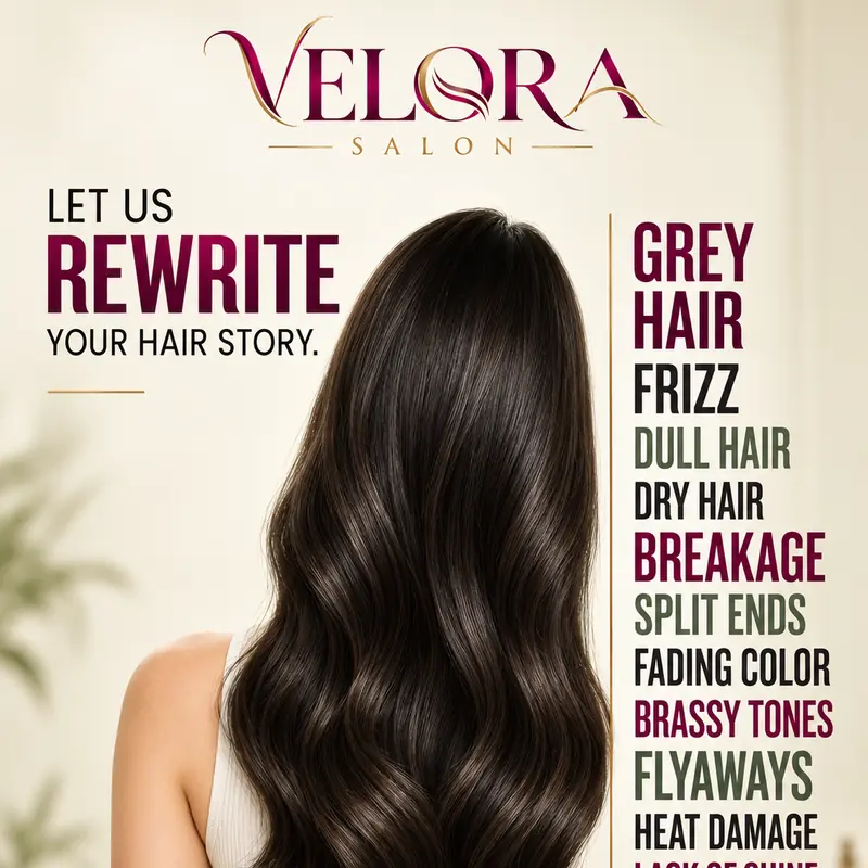 Velora Salon post: a woman with glossy dark waves seen from behind, headline “Let us rewrite your hair story”, beside a stacked list of problems the salon fixes: grey hair, frizz, dull hair, breakage, split ends and more.