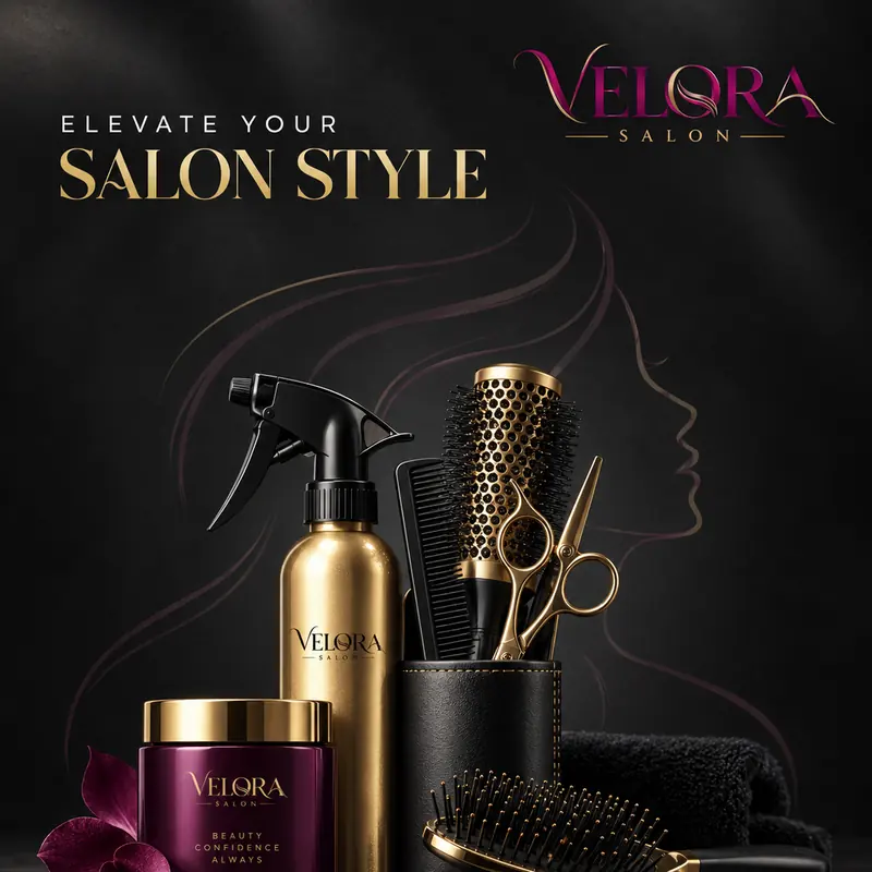 Velora Salon post on black: gold spray bottle, brushes, scissors and a plum product jar arranged with orchid petals under the headline “Elevate your salon style”.