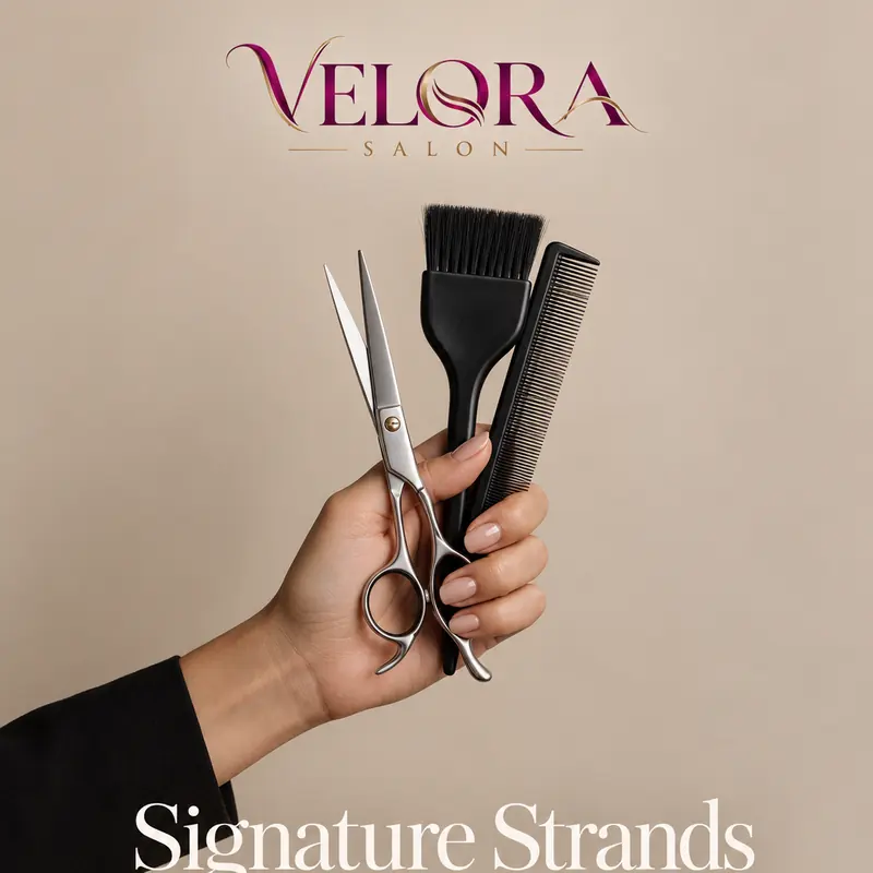 Velora Salon post on cream: a hand holds up scissors, a comb and a color brush above serif text “Signature strands, luxury styling, color and care in every detail”.