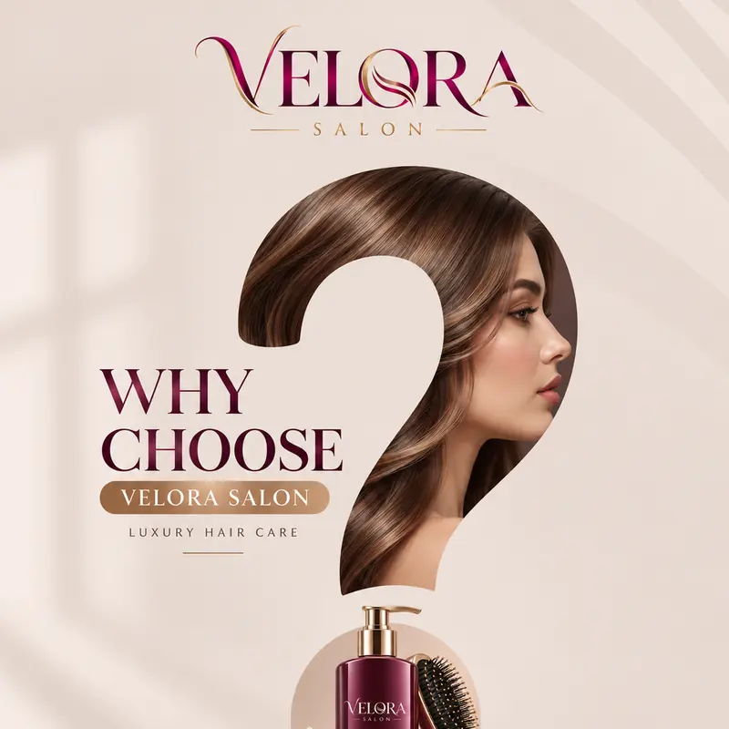 Velora Salon post: a woman’s flowing hair forms a giant question mark above a plum bottle of hair care, with the headline “Why choose Velora Salon, luxury hair care”.