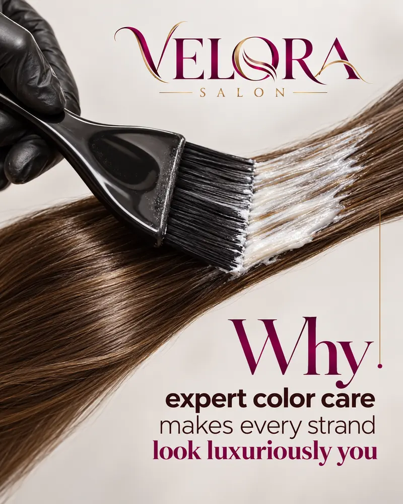 Velora Salon post: a gloved hand brushes color through long brown hair, with plum headline “Why expert color care makes every strand look luxuriously you”.