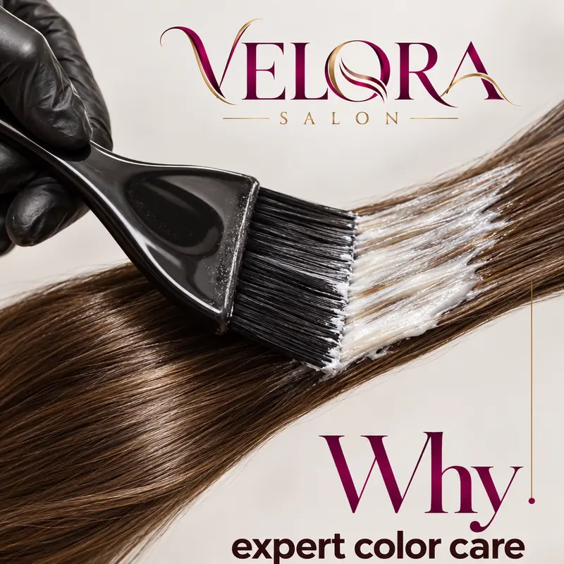 Velora Salon post: a gloved hand brushes color through long brown hair, with plum headline “Why expert color care makes every strand look luxuriously you”.