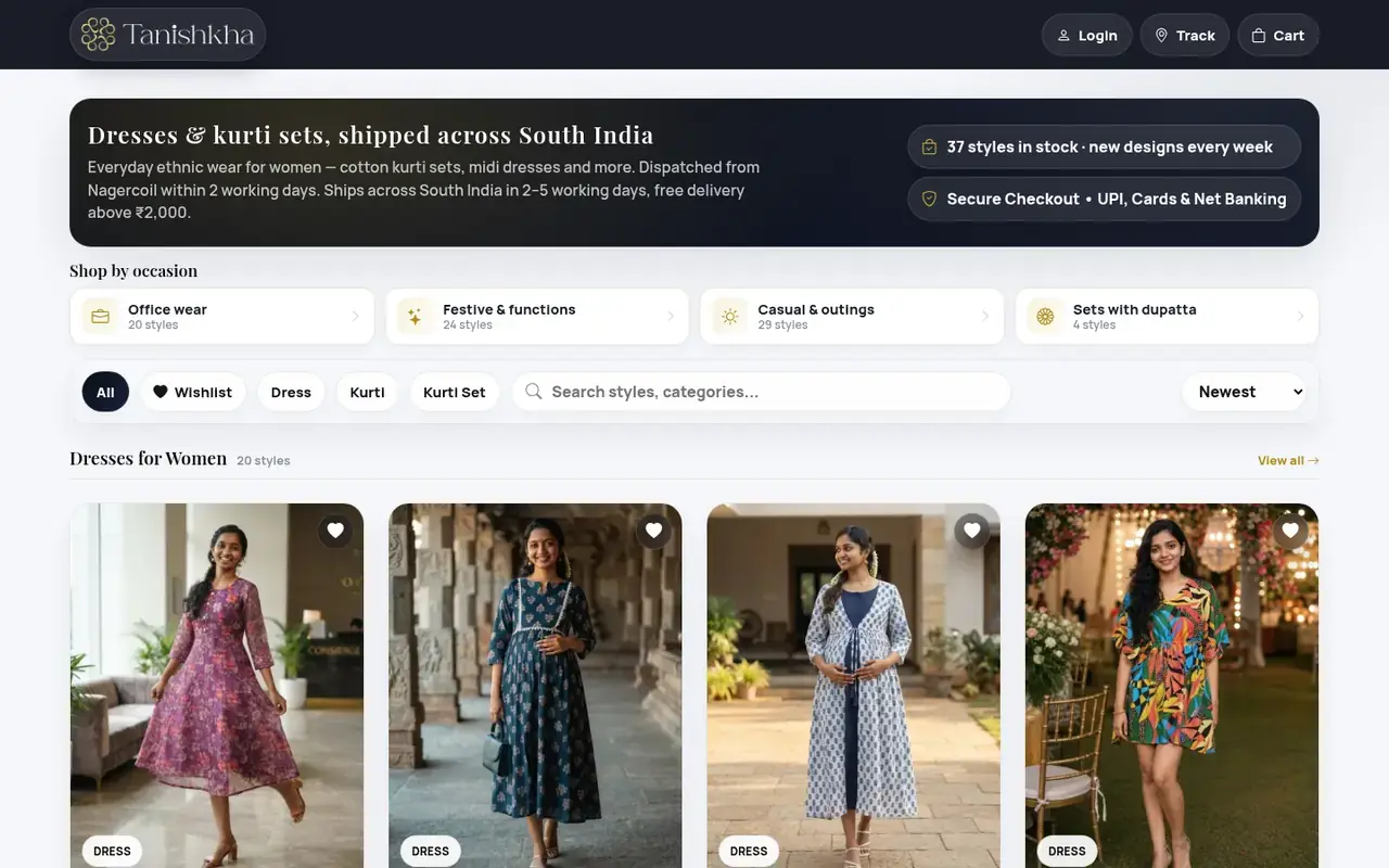 Tanishkha homepage on desktop: dresses and kurti sets shipped across South India, with shop-by-occasion tiles