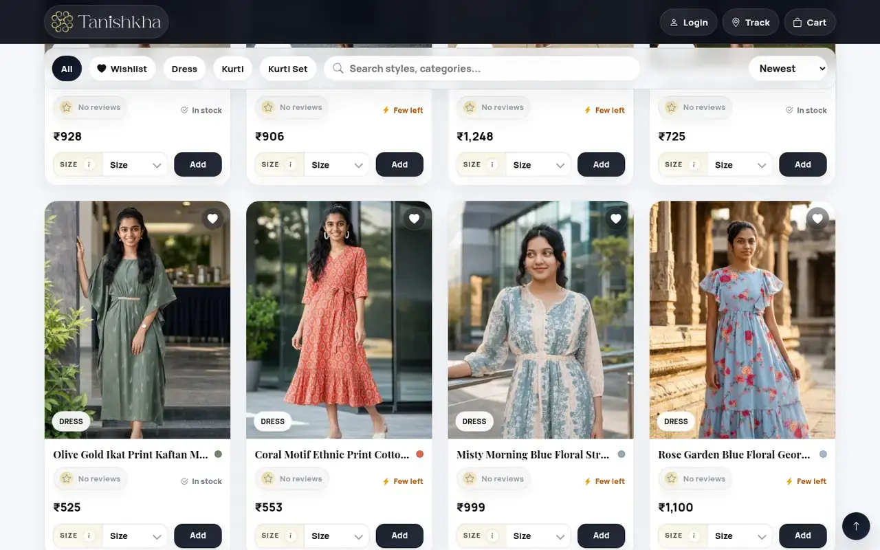 Tanishkha product grid on desktop with sizes and stock labels on every card