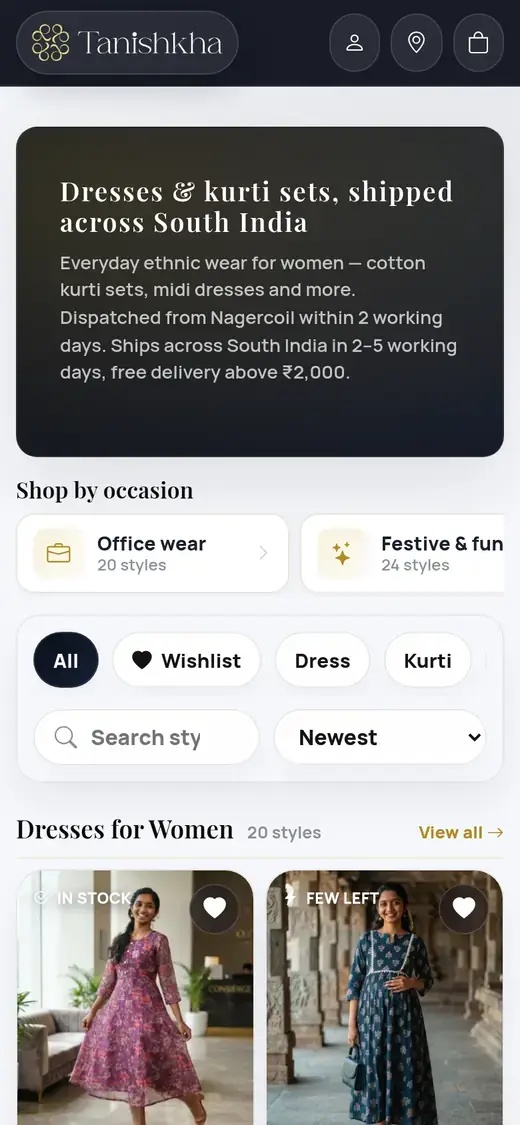 Tanishkha homepage on a phone with the delivery promise and occasion tiles