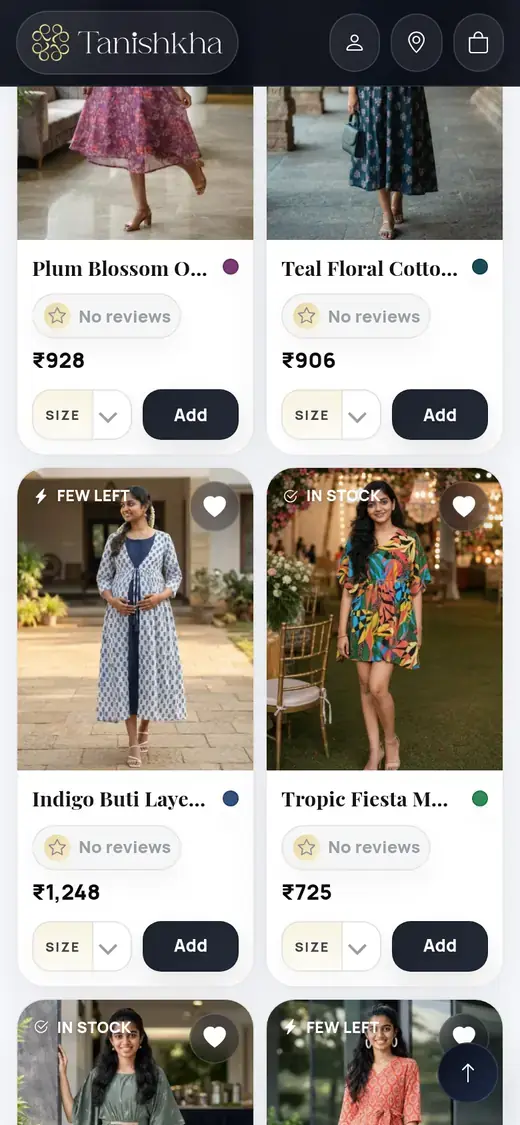 Tanishkha product grid on a phone with sizes shown on each card