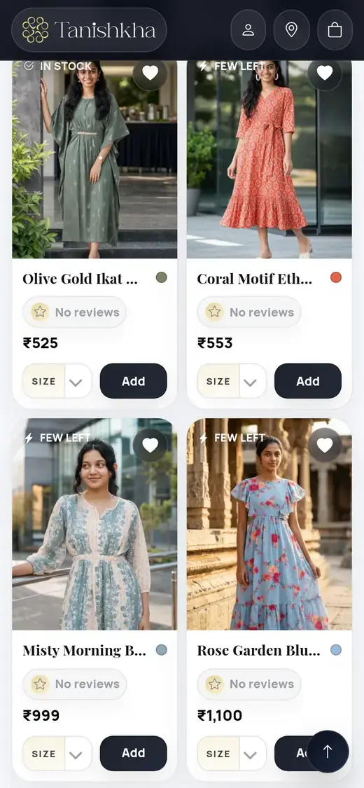 More Tanishkha dresses on a phone with prices and stock labels