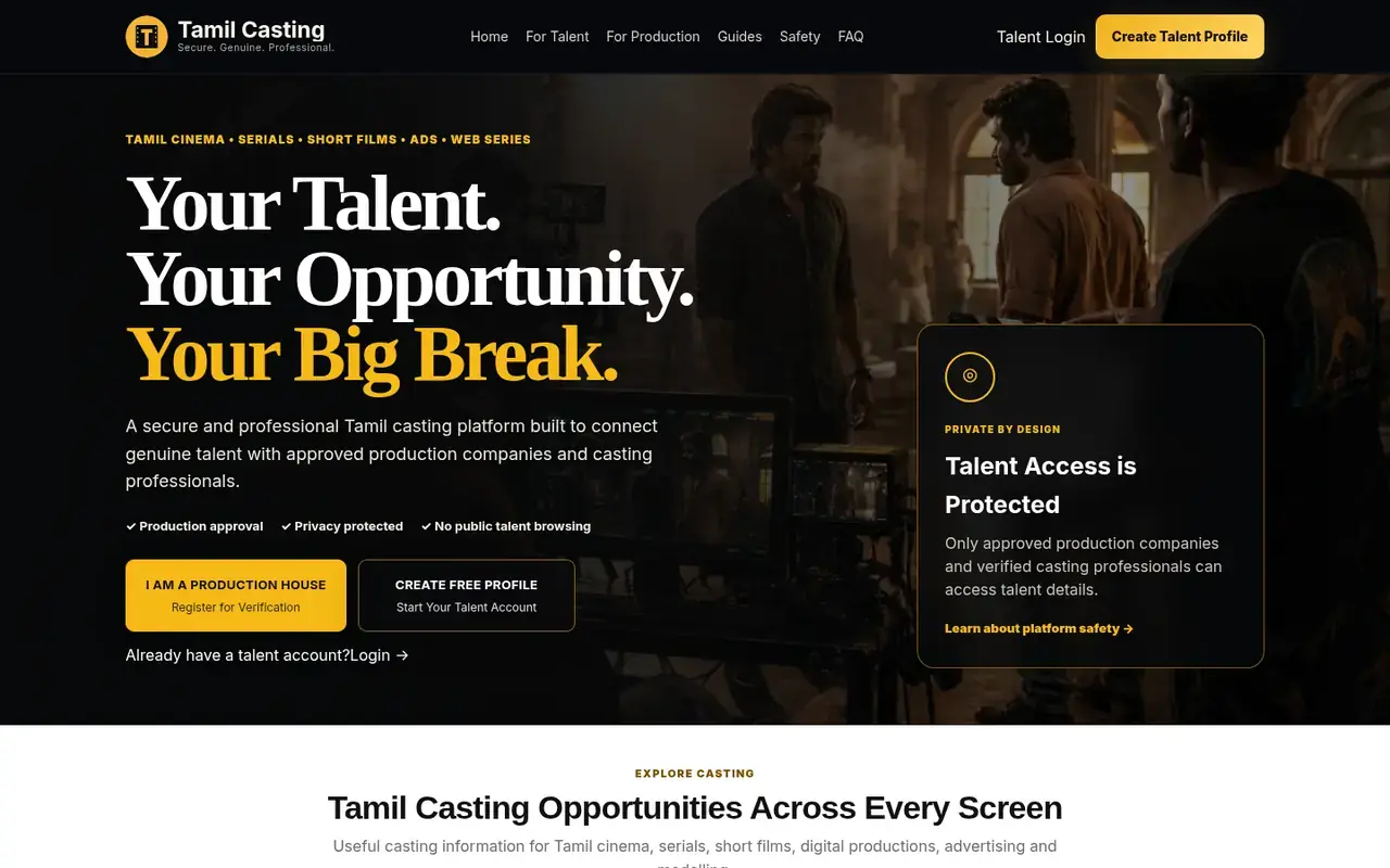 TamilCasting homepage on desktop: Your Talent. Your Opportunity. Your Big Break.