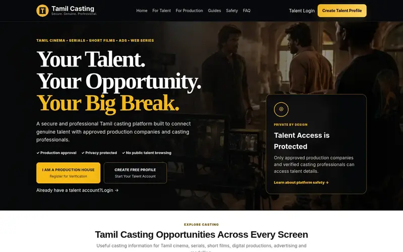 TamilCasting homepage on desktop: Your Talent. Your Opportunity. Your Big Break.