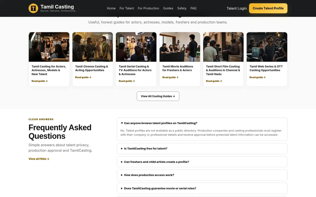 TamilCasting production onboarding on desktop: register, verification check, verification decision, onboarding