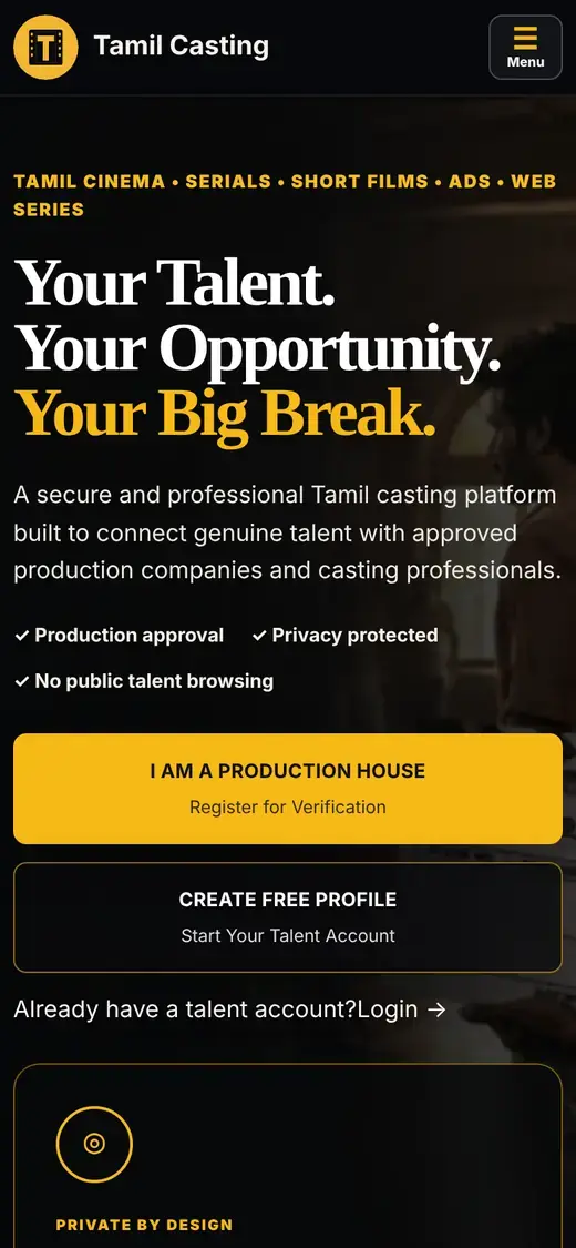 TamilCasting homepage on a phone with separate buttons for production houses and talent