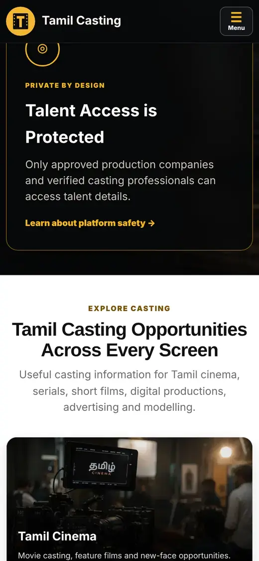 TamilCasting on a phone explaining that talent access is protected